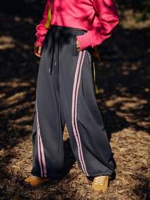 WanderVale Women's Striped Drawstring Waist Pleated Casual Wide Leg Pants,Fall/Winter Streetwear Oversized Contrast Color Cargo Pants,Loose Flowy Outdoor Wear - Dark Grey - View 4