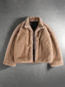 Manfinity Roghcode Men's Fleece Zip-Up Collar Fashionable Versatile Outdoor Jacket, Autumn/Winter Coats Men's Fur Coat Light Brown Jacket Fur Jacket - Khaki - View 3