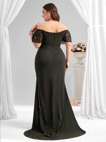 Coutiva Dark Green Plus Size Women's Lace & Sequin Patchwork Off-Shoulder Side Slit Hem Elegant Formal Evening Gown,Spring Curvy Prom Dress For Wedding,Ball - Army Green - View 2