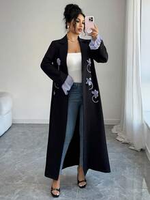 Yasmyna Áo Abaya thanh lịch dành cho nữ, cổ ve áo, tay loe, họa tiết hoa. - màu đen - Xem 7