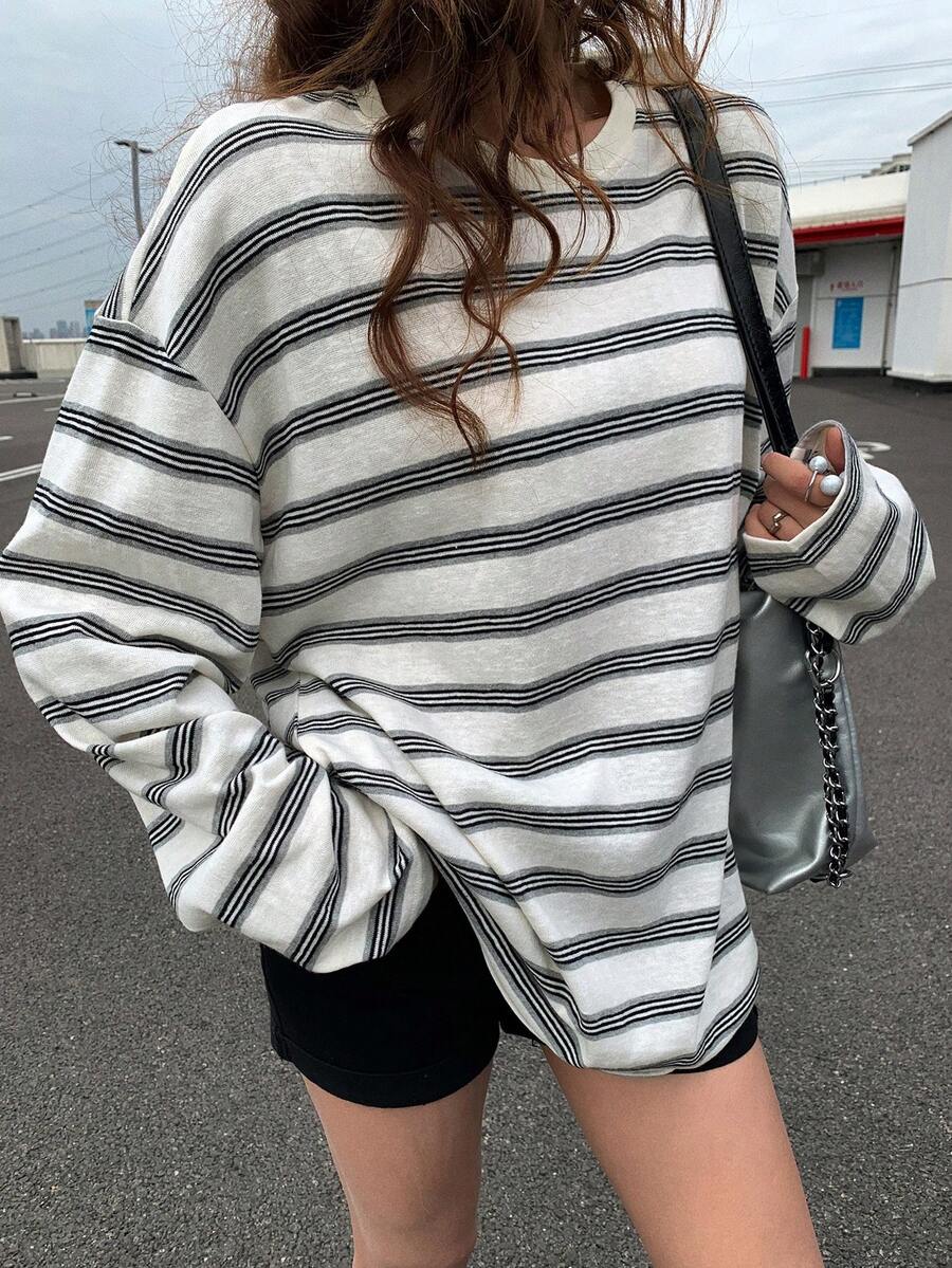 DAZY 休闲条纹宽松长袖圆领女式T恤 Y2k - 藏蓝色 - 查看 1