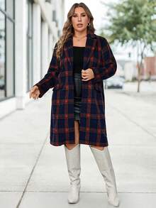 SHEIN LUNE 大码休闲格纹翻领单排扣羊毛混纺外套，日常穿着，圣诞节必备单品，日常休闲，秋季流行格纹大衣，凸显曲线，乡村休闲粉色圣诞冬季女装，冬季外套，女士假日保暖套装