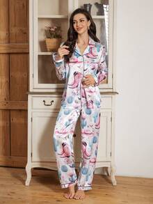 Serenescape 仿丝绸印花翻领开衫和裤子女士睡衣套装 - 彩色 - 查看 5