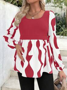 SHEIN Maternity Geometric Print Lantern Sleeve Casual Fashion Shirt Ruffle Sleeve Blouse Red And White Top Peplum Tops For Women Women Blouses Long Sleeve Peplum Blouse - Multicolor - View 3