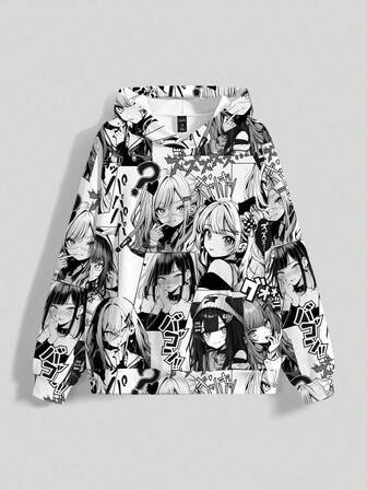 Sudadera con capucha gótica oscura, estilo punk, linda chica de anime, de talla grande, en blanco y negro con bolsillo