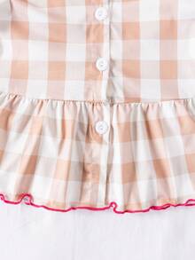 SHEIN Young Girl' Fashionable Cute Plaid Print Long Sleeve Top And Pants Homewear Set With Ruffle Collar - Yellow - View 5