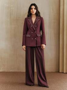 Anewsta Autumn/Winter Colorful Rhinestone Design Office Lady Blazer Jacket For Women - Burgundy - View 4