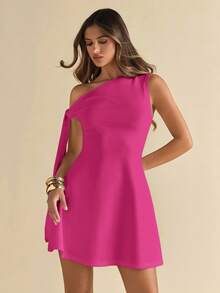 SHEIN BAE 女士不对称肩带系带修身优雅A字裙摆半身裙，黑色 - 玫紅色 - 查看 4