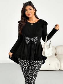 Shapeblank Plus-Size Women's/Fashion Casual Stretchy Comfortable Everyday Slimming Bow-Tie Black Waist-Cinching Long-Sleeved Top And Black And White Floral Print Leggings Two Pieces Set Outfits,Curve Cute Clothes,Pants Set Spring Slim Fit Set For Women - Black - View 5
