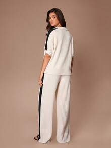 Lazeform 女士休闲撞色拼接半拉链领短袖上衣和阔腿裤家居服套装 - 杏色 - 查看 3