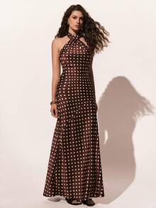 Poéselle 女士波点印花优雅交叉吊带连衣裙 - 棕色 - 查看 4