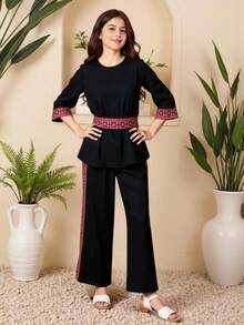 SHEIN Teen Girl Black Patchwork Printed Pattern Round Neck Long Sleeve Shirt And Pants Casual Suit - Black - View 3