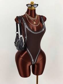 Amplova Sexy Rhinestone Embellished Backless Bodysuit - Brown - View 6