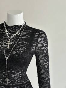 EgrlEra Women's Fashionable Black Sexy Lace Blouse - Black - View 6