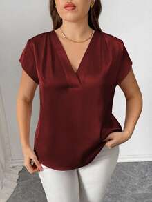 Elenzga 大码女士优雅宽松休闲度假通勤纯色缎面V领褶皱肩蝙蝠袖衬衫，春夏款 - 酒紅色 - 查看 3