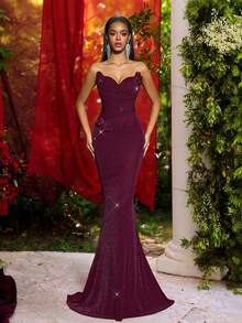 Glamrae 优雅简约针织露肩猫领褶裥内衬塑形紧身胸衣及腰部，3D手工人造花卉鱼尾裙摆，适合节日、婚礼、晚宴、音乐会、商务活动、社交媒体达人正式场合穿着。 - 酒紅色 - 查看 6