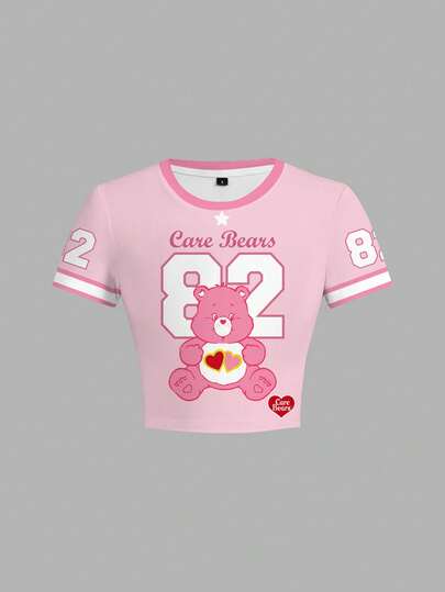 SHEIN X Care Bears 女士休闲时尚街头运动可爱卡通熊和数字字母图案撞色条纹修身短款T恤，夏季