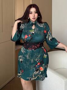 Flirla 休闲优雅的Y2K中国风新年印花腰带扣宽松显瘦中长旗袍连衣裙，适合大码女性 - 綠色 - 查看 4