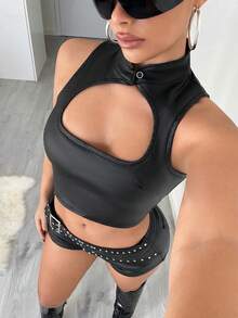 Jeanoix Fashionable Y2K Sexy Hollow Out Stretchy Fitted Women Coated Top - Black - View 1