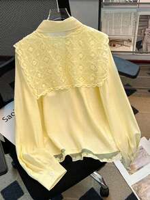 Resyla Plus Size Women's Solid Color Fashionable Lace Front Button Casual Versatile Blouse - Yellow - View 2