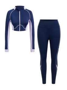 Innovista Women's Contrast Color Patchwork Cropped Top And Leggings Tennis Outfit Women Navy & Lavender Colorblock Contrast-Stitching Sports Set With Breathable Mesh Panels Full Zip Jacket + High-Stretch Leggings With Two-Piece Workout Outfit For Yoga Cycling Running HIIT Cardio CrossFit Outdoor Exercise Daily Athleisure Clean Girl Minimalist Style - Blue - View 14