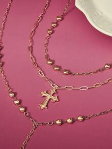 Glisma 1 Pc Golden Color Heart Chain Cross Necklace Y Chain Pendant Necklaces Layering Necklaces Set Cross Jewelry - Gold - View 2