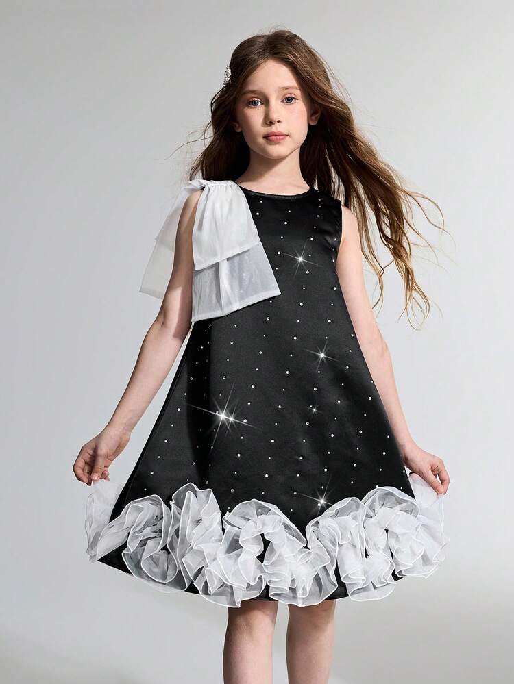Tween Girl Sleeveless Casual Cute Dress With Colorblock And Rhinestone Decor