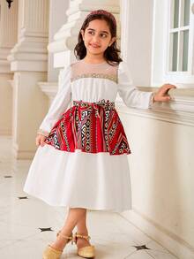 Young Girls White Splice Red Vintage Floral Mesh Midi Dress,Autumn Puff Sleeve Princess Dress - Multicolor - View 8