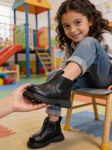 Otoño invierno nuevos niños botas botas individuales british wind niñas moda caliente suela suave botas de cuero moda antideslizante adecuado para combinar con una variedad de estilos de ropa - Negro - Ver 3