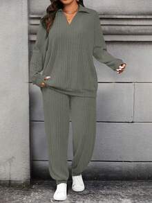 Calvaya Bộ 2 món áo thun dài tay trơn màu trễ vai cỡ lớn dành cho nữ - xanh quân đội - Xem 8