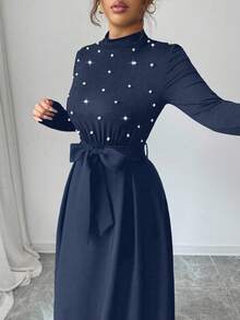 Elenzga 女士高领纯色优雅珍珠装饰腰部系带蝴蝶结长袖连衣裙，适合外出、通勤、聚会、度假、圣诞节等场合。 - 藏蓝色 - 查看 3