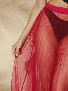 Hauture 女士性感透视褶皱网纱长裙 - 紅色 - 查看 3