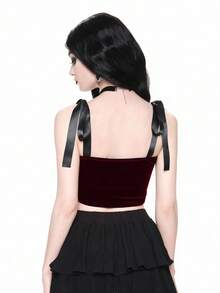 ROMWE Spring/Summervalentine's DaygraphicGothic Palace Style Women's Heart Embroidery, Rhinestone, Crystal Teardrop, Star Decor Black Halter Crop Top - Burgundy - View 6