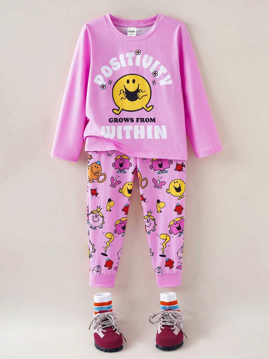 Mr Men Little Miss X SHEIN Young Girl Letter & Cartoon Graphic Round Neck Long Sleeve T-Shirt And Pants Set - Multicolor - View 1