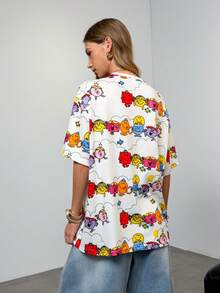 Mr Men Little Miss X SHEIN Women's Casual Cute Cartoon Pattern Round Neck Short Sleeve T-Shirt, Summer - Multicolor - View 2