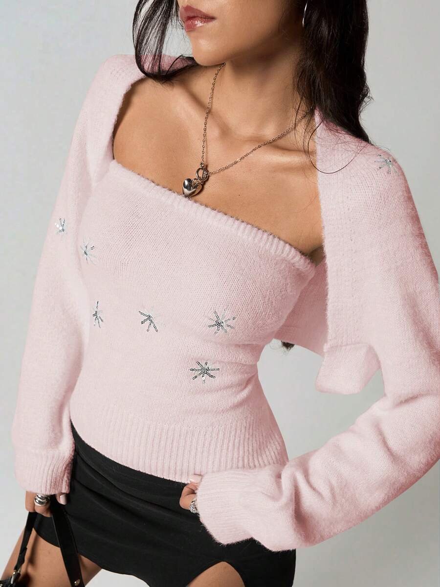 SHEIN TRNDY 2pcs Women Sequin Snowflake Cropped Top & Cardigan Sweater Set, White, Personalized, Versatile, Autumn/Winter Womens Sweaters Pink Sweater - Baby Pink - View 1