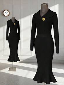 Franclia New Elegant Fitted Mermaid Hem Knit Two Pieces Sweater Set, Fashionable Design For Women, Autumn - Black - View 7