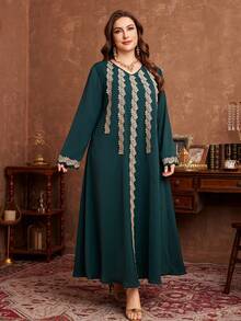 Al Najma Vestido largo y holgado con estampado floral de patchwork, elegante y casual, adecuado para primavera y otoño, tallas grandes para mujeres - Verde - Ver 4
