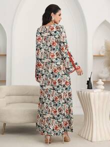 Al Najma Crew Neck Slit Sleeve Leaf Print Long Tunic Kaftan Jalabiya Dress - Black - View 6