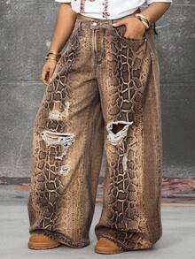 ROMWE EDITION Plus Size Vintage Washed Leopard Print Wide Leg Jeans - Brown - View 5