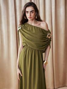 Arave Asymmetric Ruched Flowy Maxi Dress New Year - Olive Green - View 9