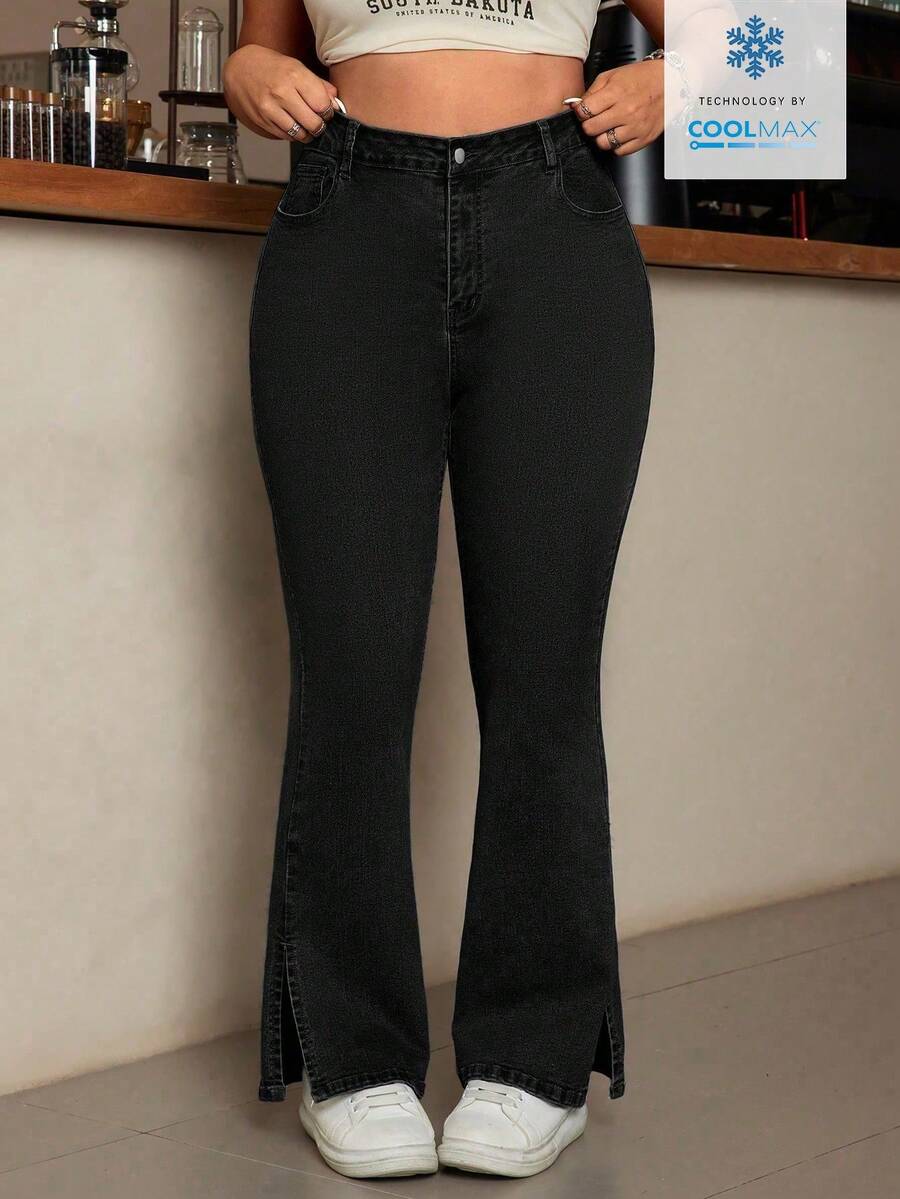 SHEIN ICON 大码女式高腰口袋休闲百搭喇叭裤 - 黑色 - 查看 1
