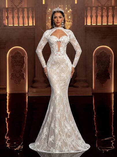 Glamrae Elegant Lyxig Romantisk Fransk Spetsbroderi Långärmad Blommig Kupa Hål Sjöjungfru Fåll Formell Klänning, Lämplig För Bröllop, Bankett Och Andra Tillfällen, Alla Hjärtans Dag