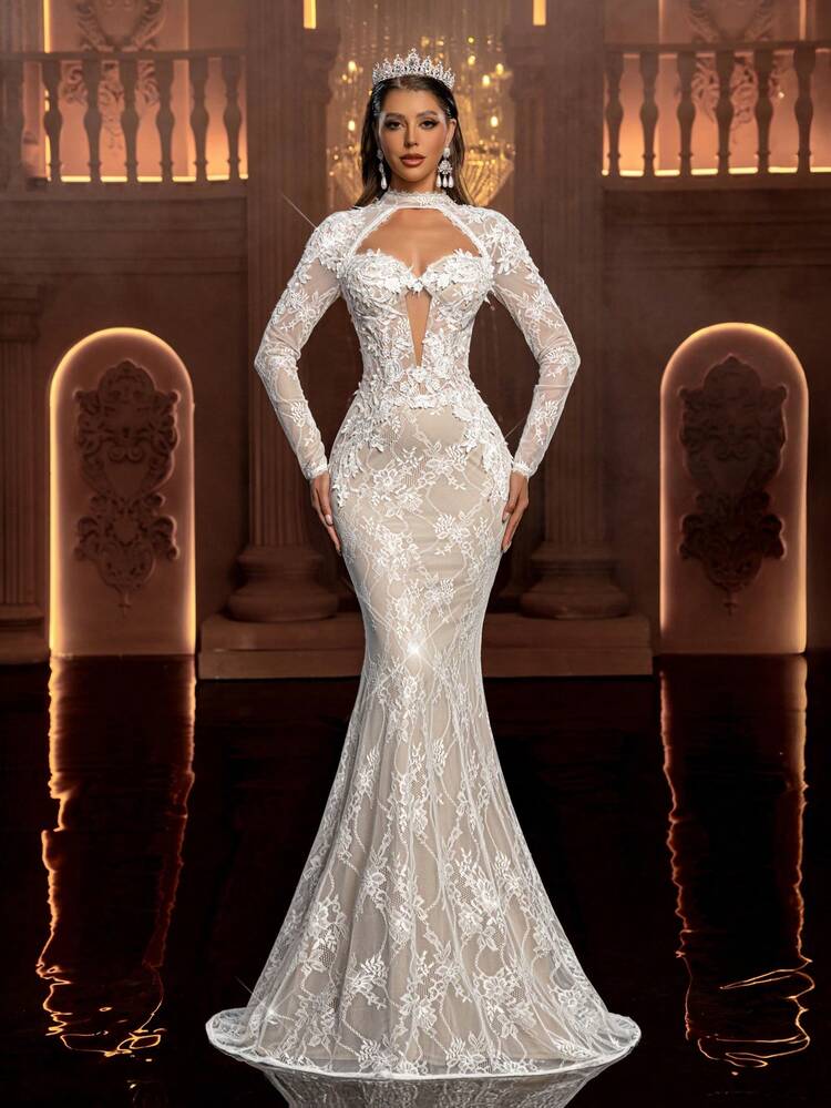 Glamrae Elegant Luxurious Romantic French Lace Embroidery Long Sleeve  Floral Cup Hollow Mermaid Hem Formal Dress, Suitable For Wedding, Banquet  And Other Occasions, Valentine's Day - Product Video