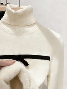 Franclia Women's Turtleneck Ruffle Button Design Long Sleeve Knit Pullover Sweater With Bow, Tight Fit Thermal Lining - Beige - View 3