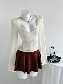 Elamini Women's Spring/Summer Sexy Versatile Scoop Neck Fitted Flare Sleeve Hollow Floral Pattern Knit Sweater Top - Beige - View 4