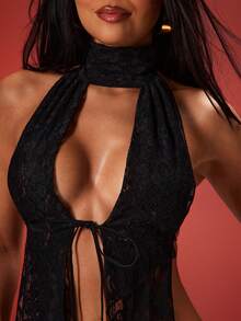 Denimoi Top ras-du-cou asymétrique dos nu en dentelle, hauts sexy pour soirée entre amies, tenues de club, concerts - Noir - Voir 6