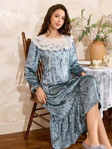 Váy Maxi Dài Cạp Rộng Phối Ren & Nhung Thanh Lịch Kiểu Pháp Côtesoire, Váy Ngủ Quyến Rũ Cho Nữ Mùa Thu/Đông - Màu xanh bụi bặm - Xem 4