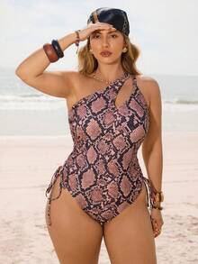 Fembélia New European & American Style Brown Snake Skin Print One-Piece Swimsuit, Shoulder Cutout + Side Drawstring, Perfect For Island Photoshoot Summer Bikinis Summer 2026 Christmas Clothes New Year Clothes Party Clothes Beach Outfit For Women Casual Clothes