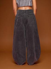 COUREZ 黑色水洗低腰宽松灯笼裤，方形口袋设计 / Y2K 秋冬街头风可爱宽松超大牛仔裤，秋冬假日新年低腰牛仔裤，女士冬季服装，桶形牛仔裤，黑色女士牛仔裤 - 灰色 - 查看 3